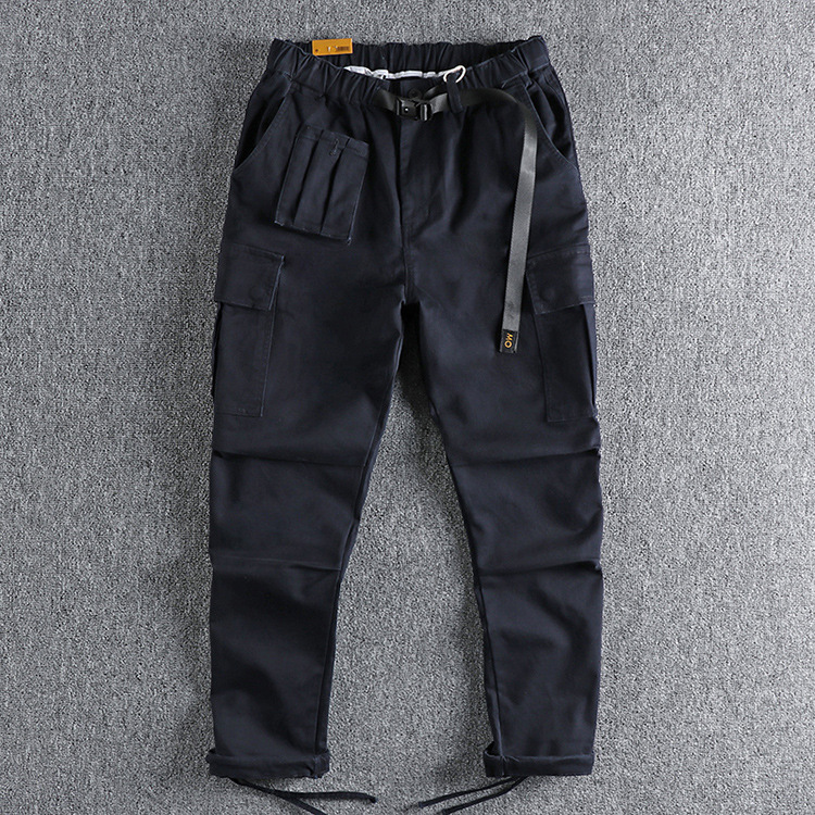 GrogeousBen  Retro trend workwear casual pants for men; multi-pocket Japanese-style versatile solid color three-dimensional cutting trousers..