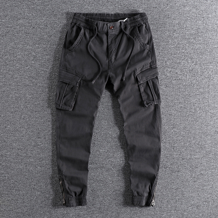 GrogeousBen  2025 Original European and American zipper cuff men's casual pants, ins washed micro-elastic versatile slim-fit multi-pocket work pants.