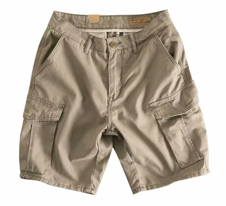 GrogeousBen Custom logo slim fit workwear shorts pure cotton men's mid waist pocket casual shorts.