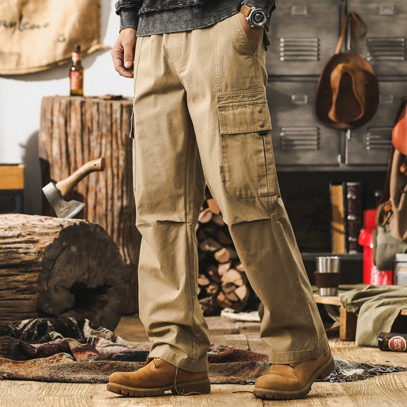 GorgeousBen Men's Autumn New Vintage Khaki Workwear Pants for Hunting and Commuting; Loose Straight-leg