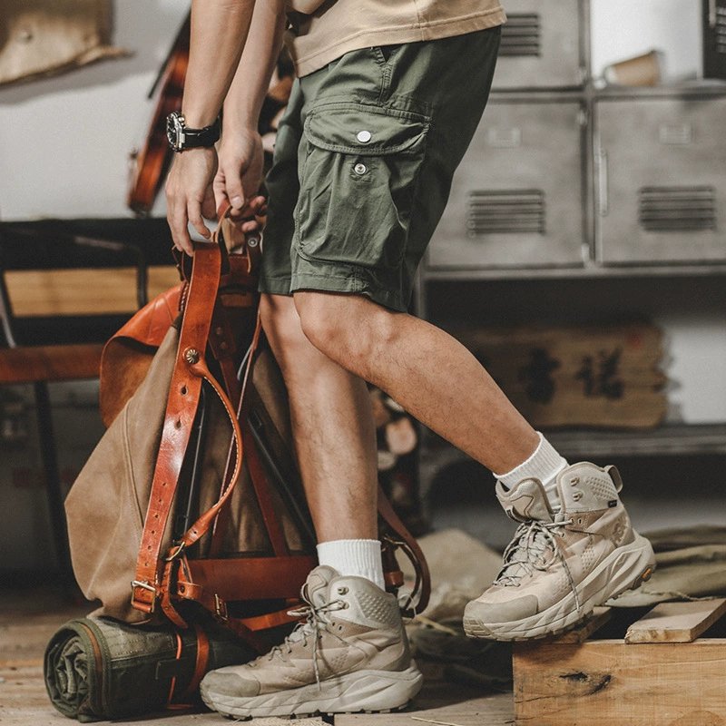 GorgeousBen American style stretch workwear shorts, men's trendy retro mountain style outdoor large pocket functional loose five inch shorts.