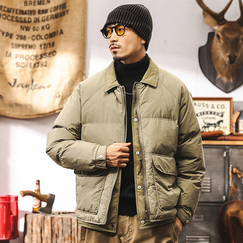 GorgeousBen Retro fake two-piece shirt collar down jacket men's winter trendy brand color blocked bread jacket men's style overcomes.