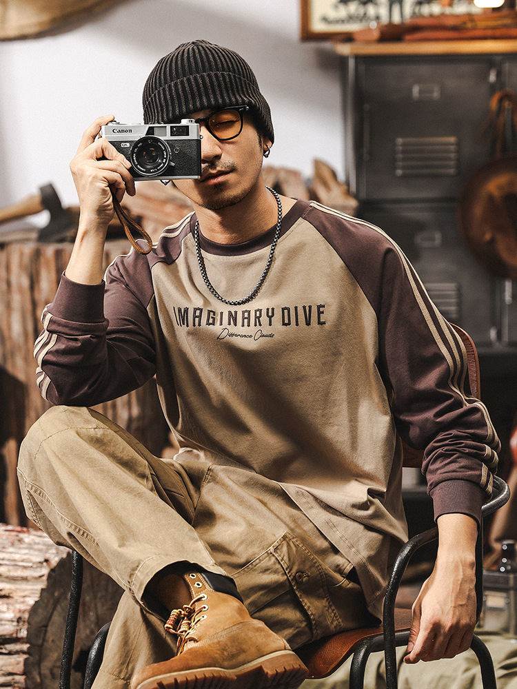 GorgeousBen  American retro spring raglan sleeve color blocked men's T-shirt men's long sleeved 2025 new loose casual top