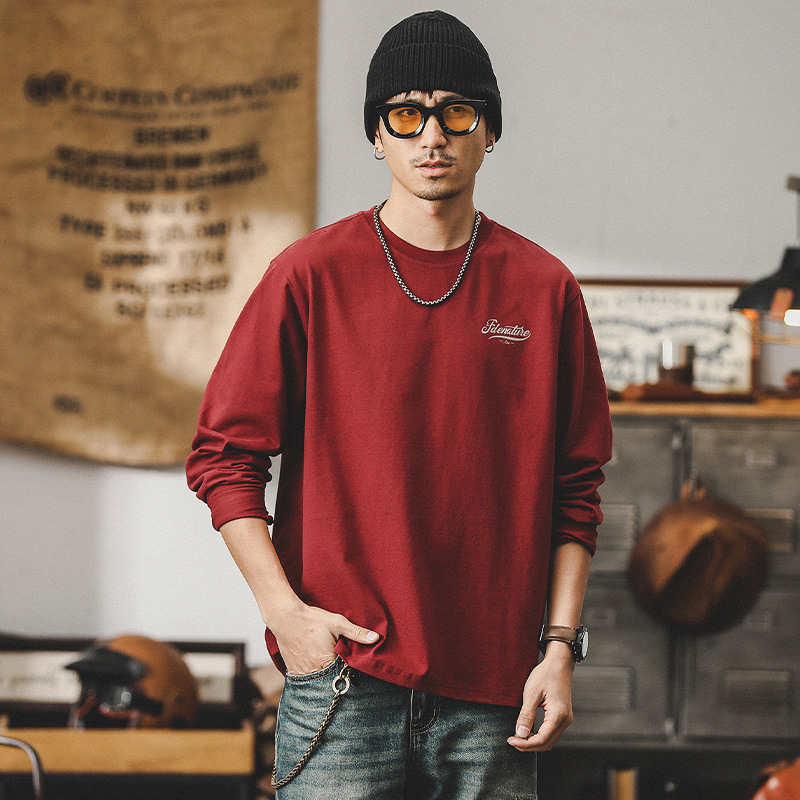 GorgeousBen 260g heavy-duty long sleeved T-shirt for men in spring 2025 New loose top trendy brand red clothes for men.
