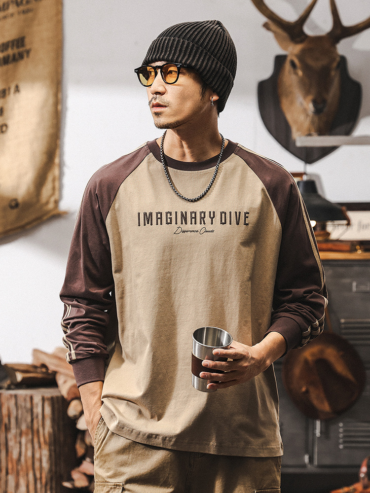 GorgeousBen  American retro spring raglan sleeve color blocked men's T-shirt men's long sleeved 2025 new loose casual top