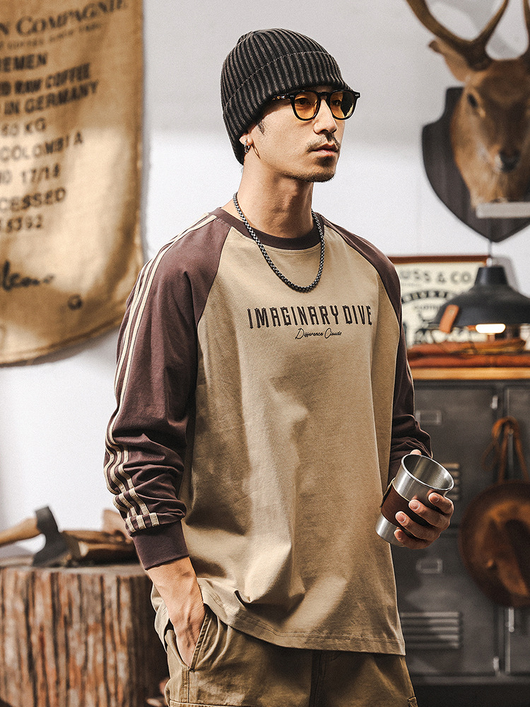 GorgeousBen  American retro spring raglan sleeve color blocked men's T-shirt men's long sleeved 2025 new loose casual top