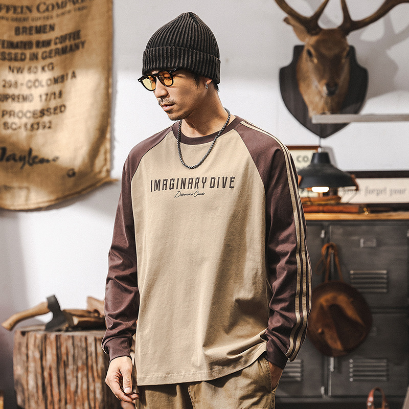 GorgeousBen  American retro spring raglan sleeve color blocked men's T-shirt men's long sleeved 2025 new loose casual top