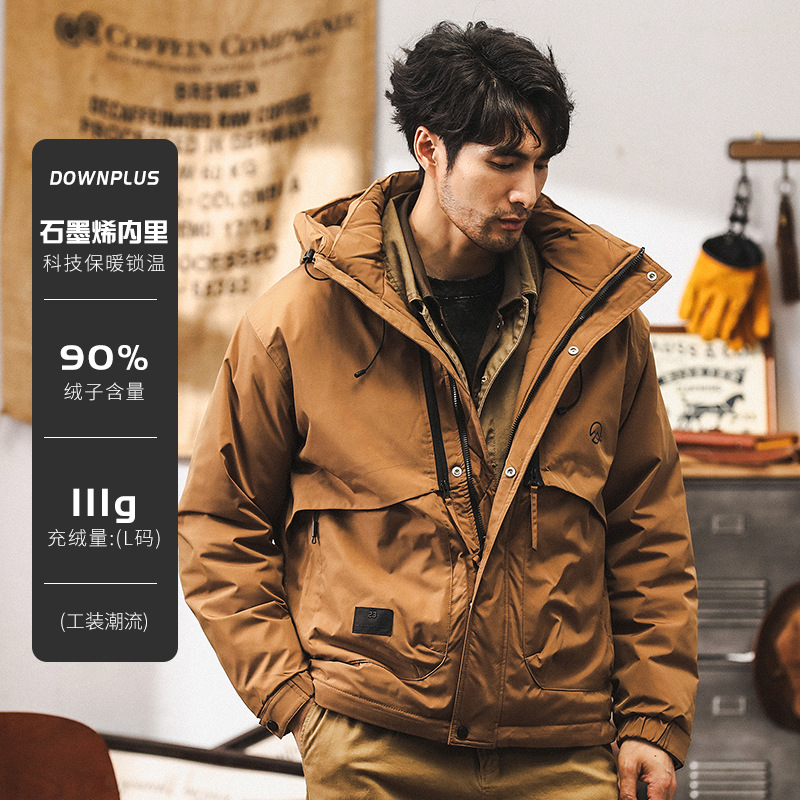 GorgeousBen 2025 Winter workwear hooded down jacket for men 2024 new item 90 white duck down thick warm jacket light and thin short clothes.