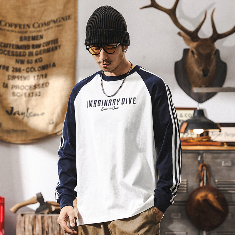 GorgeousBen  American retro spring raglan sleeve color blocked men's T-shirt men's long sleeved 2025 new loose casual top