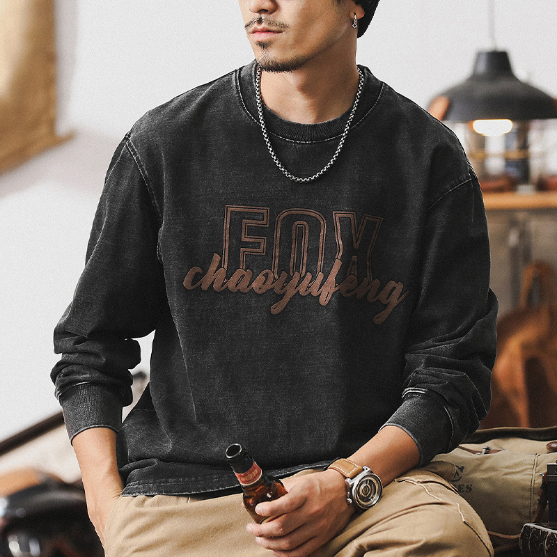 GorgeousBen American heavyweight retro long sleeved T-shirt for men's autumn stir fried sand washed top trend 2025 new loose top men's T.