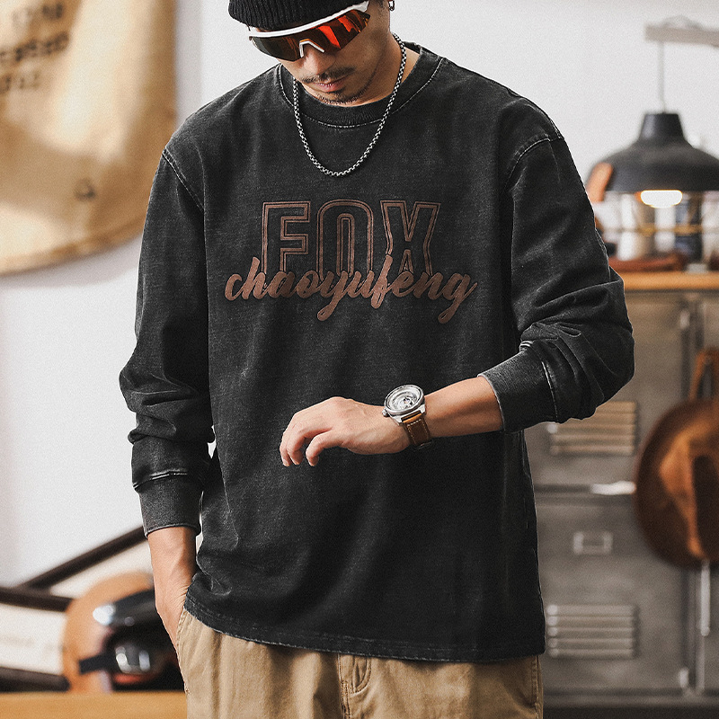 GorgeousBen American heavyweight retro long sleeved T-shirt for men's autumn stir fried sand washed top trend 2025 new loose top men's T.