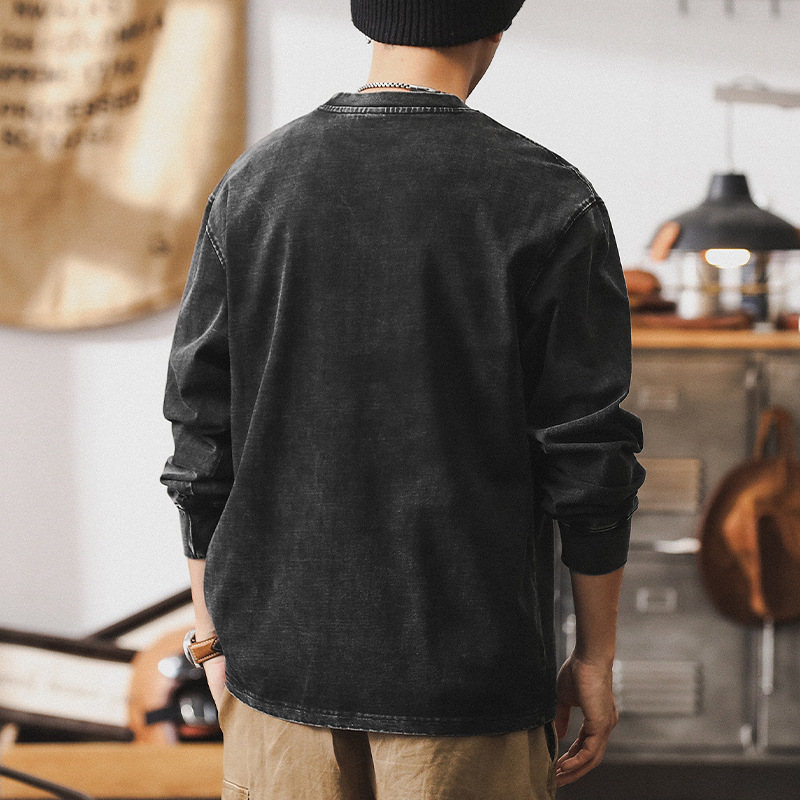 GorgeousBen American heavyweight retro long sleeved T-shirt for men's autumn stir fried sand washed top trend 2025 new loose top men's T.