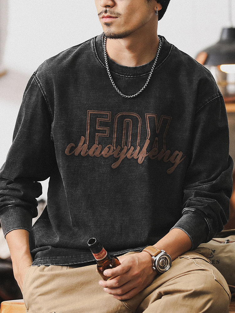GorgeousBen American heavyweight retro long sleeved T-shirt for men's autumn stir fried sand washed top trend 2025 new loose top men's T.