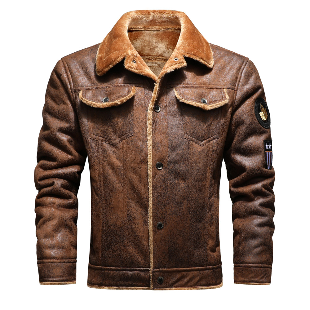 Gorgeous Men's leather jacket with fur and fur in one, winter plush thick leather jacket, foreign trade Amazon AliExpress leather jacket.