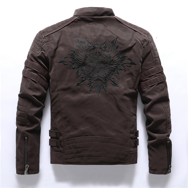 GorgeousBen New Men's Leather Jacket Fashion Trendy Men's Embroidered Velvet PU Wash and Velvet Explosive Leather Jacket Jacket.