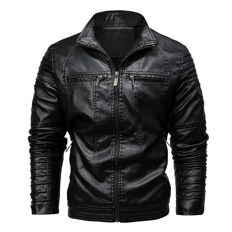 GorgeousBen  New European style men's motorcycle leather jacket for foreign trade, men's autumn and winter velvet leather jacket, men's stand up collar jacket.