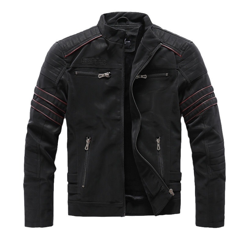 GorgeousBen New Men's Leather Jacket Fashion Trendy Men's Embroidered Velvet PU Wash and Velvet Explosive Leather Jacket Jacket.