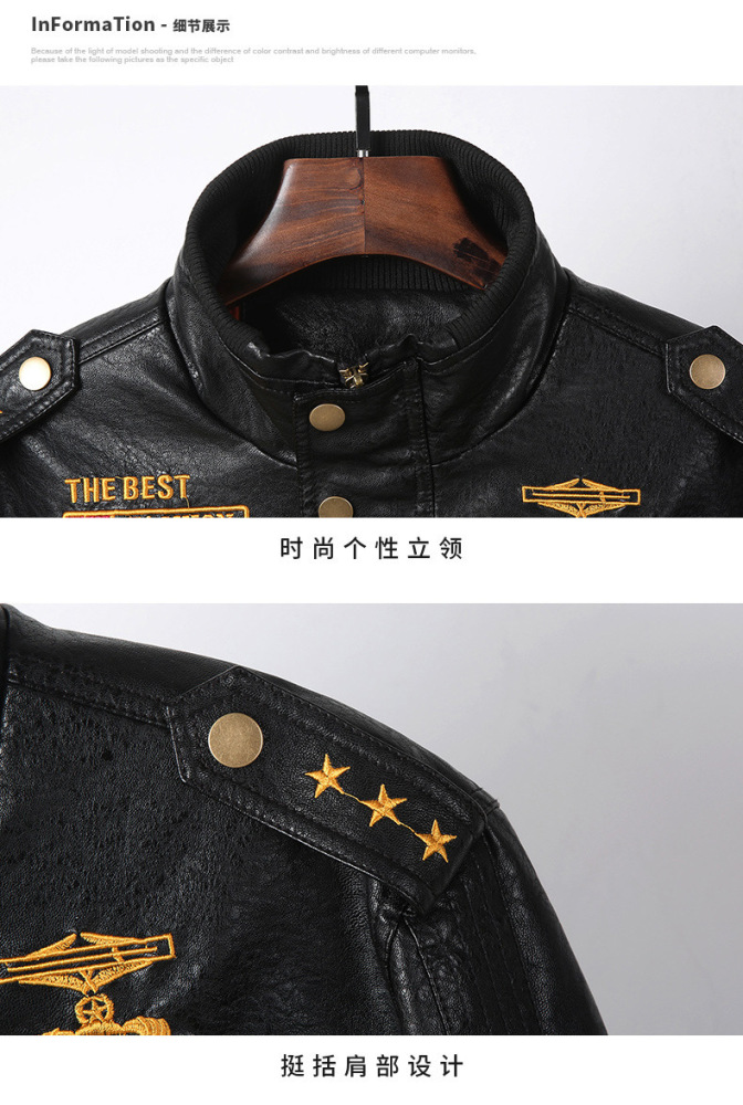 GorgeousBen  Spring and Autumn New Standing Collar Men's Motorcycle Leather Jacket Washed PU Leather Jacket Coat Trendy Foreign Trade Hot Item.