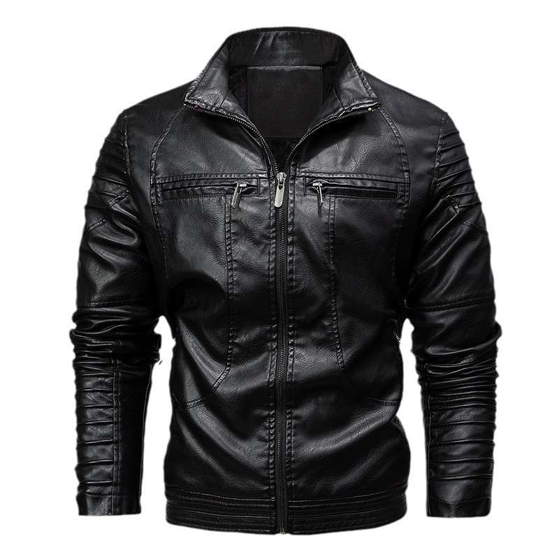 GorgeousBen  New European style men's motorcycle leather jacket for foreign trade, men's autumn and winter velvet leather jacket, men's stand up collar jacket.