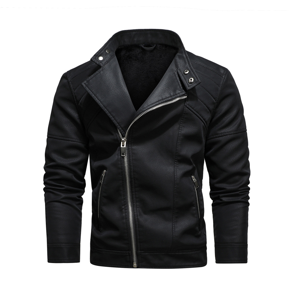 GorgeousBen  New men's leather jacket with fashionable lapel and diagonal zipper, European and American style foreign trade leather jacket, men's motorcycle leather jacket.
