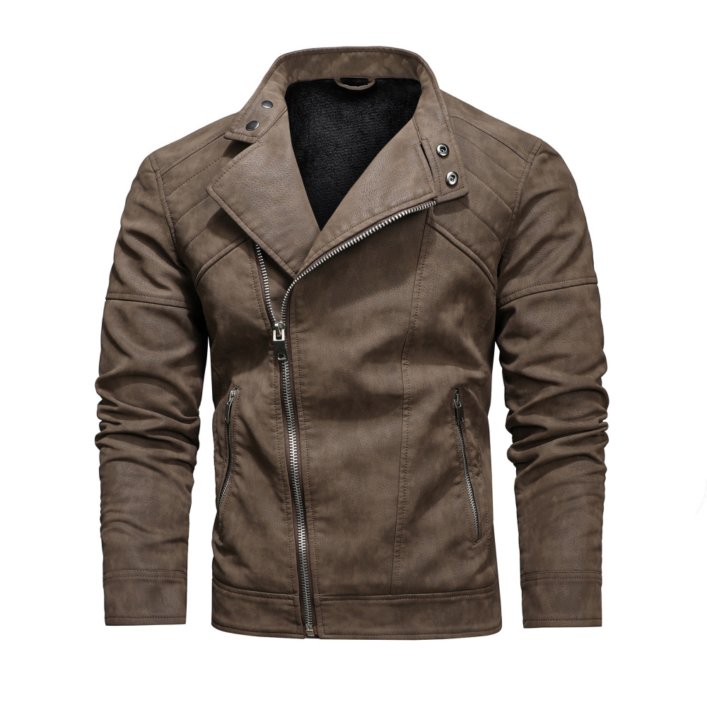 GorgeousBen  New men's leather jacket with fashionable lapel and diagonal zipper, European and American style foreign trade leather jacket, men's motorcycle leather jacket.