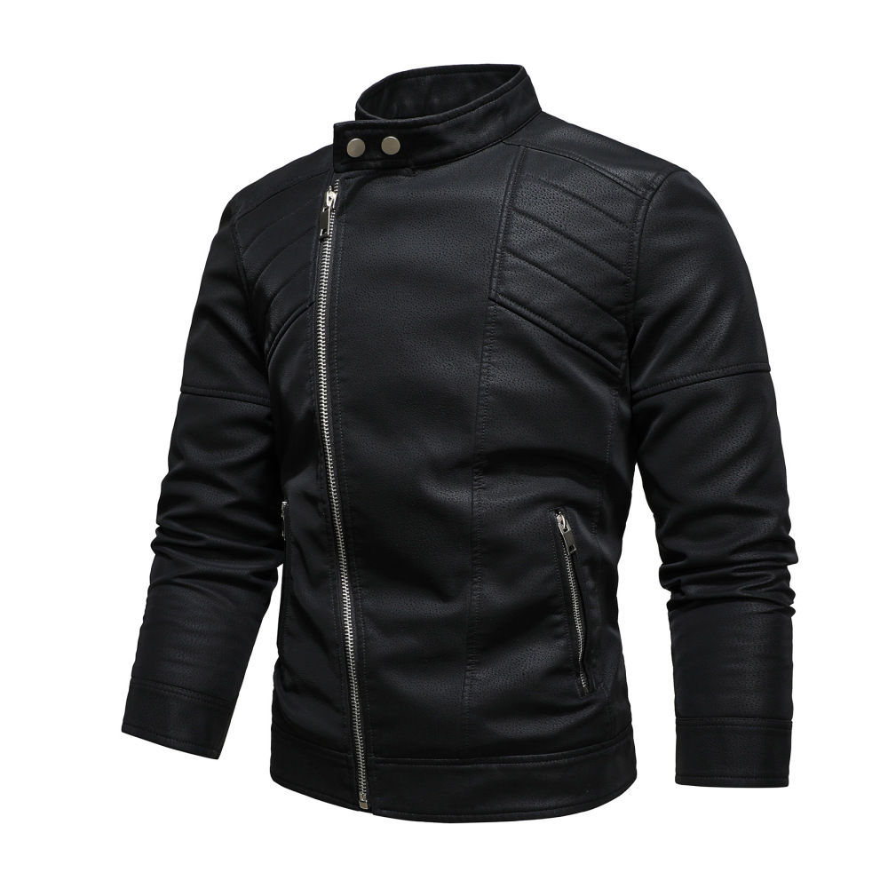 GorgeousBen  New men's leather jacket with fashionable lapel and diagonal zipper, European and American style foreign trade leather jacket, men's motorcycle leather jacket.