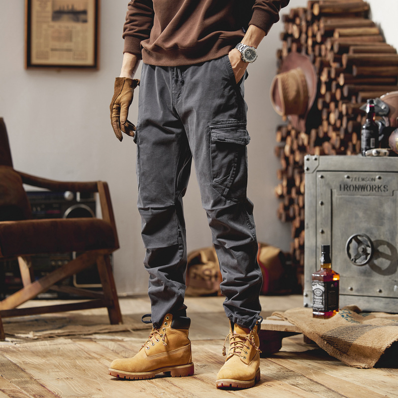 GorgeousBen  2025 casual men's work pants with multiple pockets, slim fit, small feet, and ankle binding, men's spring and autumn washed cotton fabric.