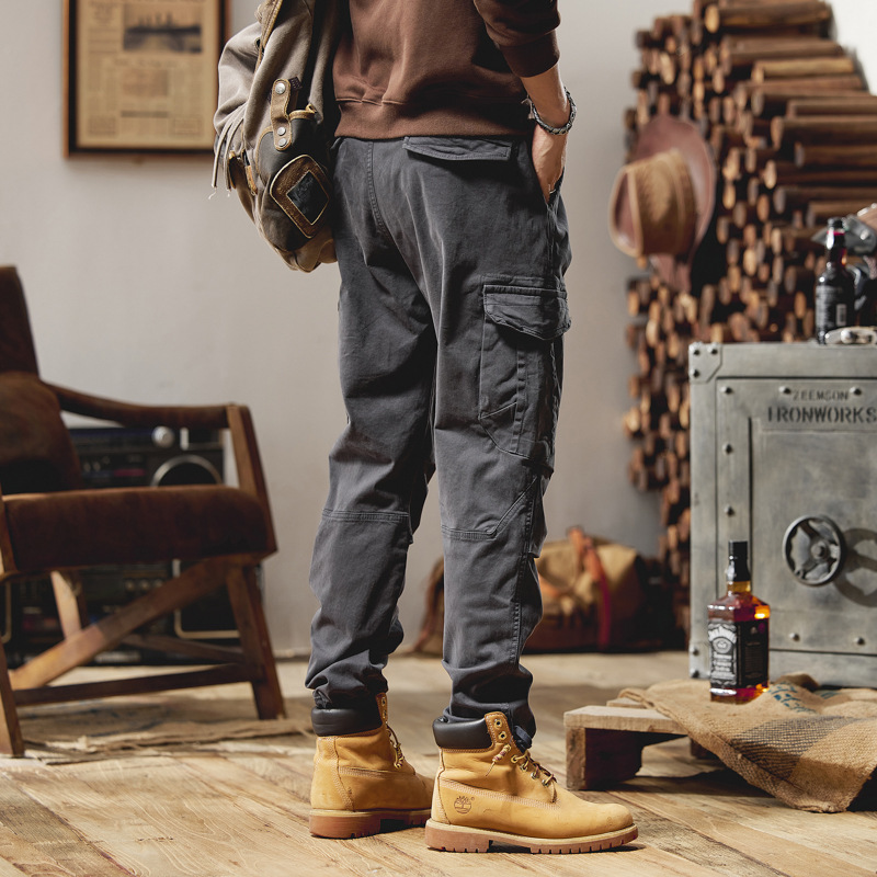 GorgeousBen  2025 casual men's work pants with multiple pockets, slim fit, small feet, and ankle binding, men's spring and autumn washed cotton fabric.