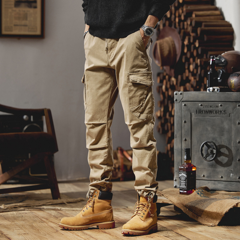 GorgeousBen  2025 casual men's work pants with multiple pockets, slim fit, small feet, and ankle binding, men's spring and autumn washed cotton fabric.