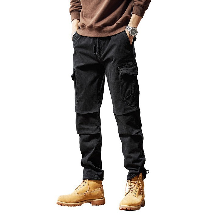 GorgeousBen  2025 casual men's work pants with multiple pockets, slim fit, small feet, and ankle binding, men's spring and autumn washed cotton fabric.