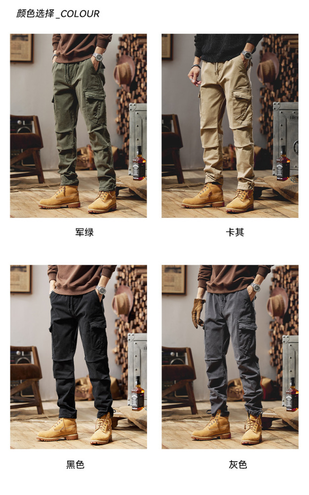 GorgeousBen  2025 casual men's work pants with multiple pockets, slim fit, small feet, and ankle binding, men's spring and autumn washed cotton fabric.