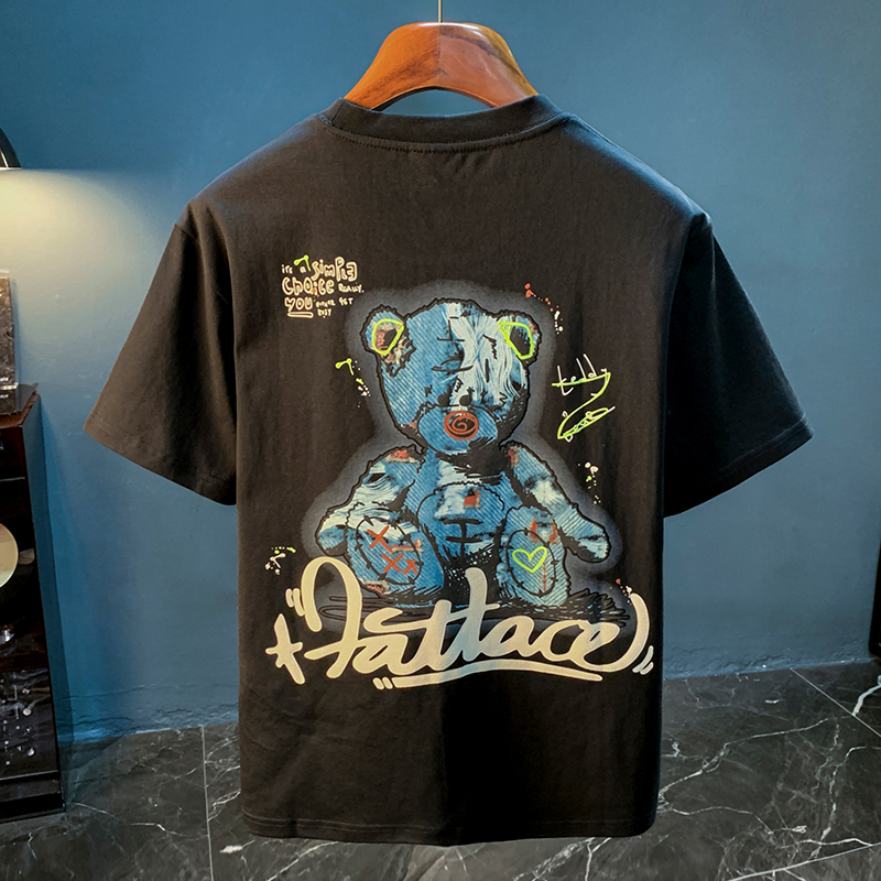 GorgeousBen  American trendy cartoon painted teddy bear embroidered short sleeved T-shirt for men's summer new trendy ins half sleeved round neck top.