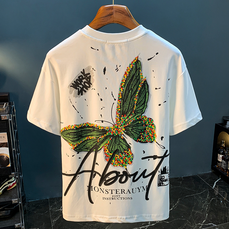 GorgeousBen Mottled butterfly counter high-end pure cotton heavyweight short sleeved T-shirt men's new top loose half sleeved T-shirt men.