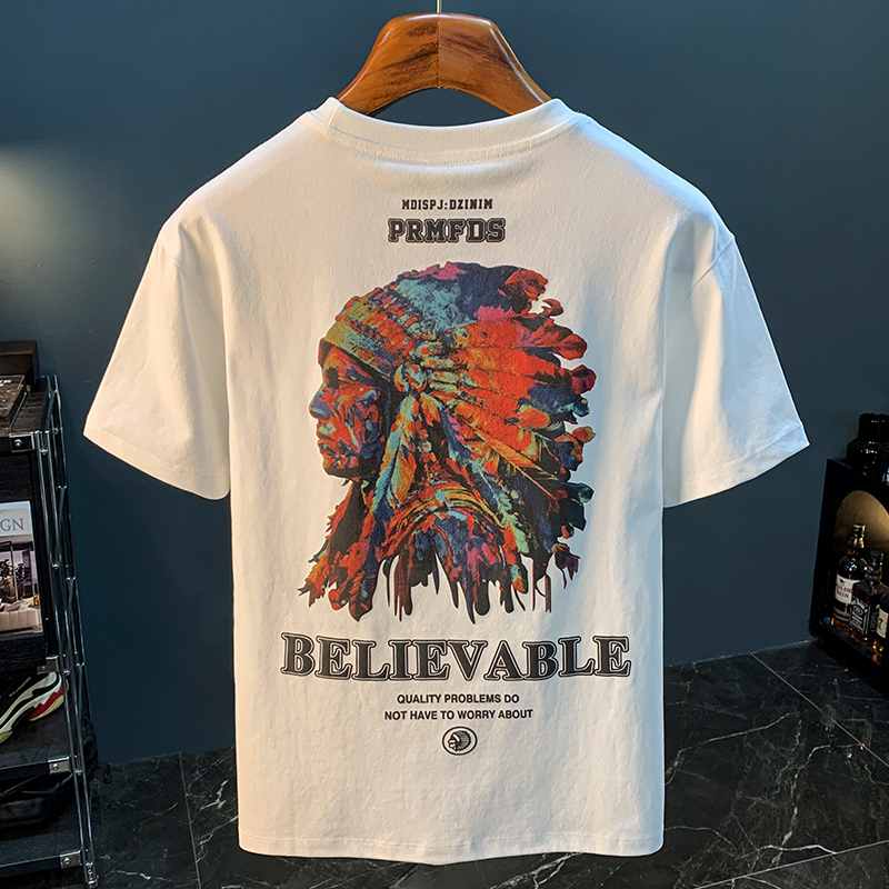 GorgeousBen American heavyweight short sleeved T-shirt for men, 2025 new summer high-end trend, Indian print versatile T-shirt.