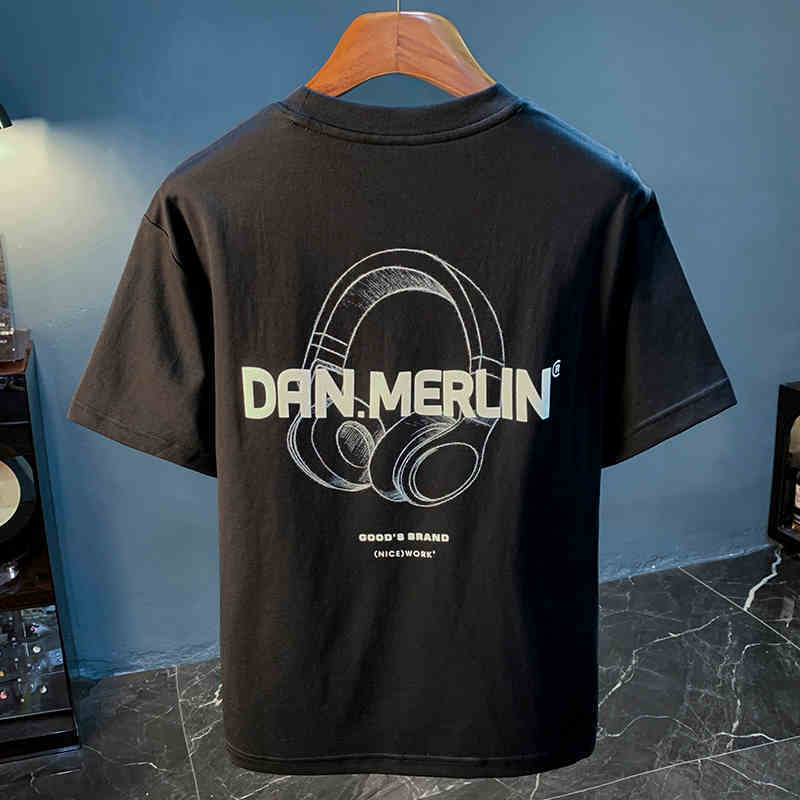 GorgeousBen Summer new short sleeved men's T-shirt loose white printed high-end half sleeved top embroidered hanging heavy weight T-shirt.