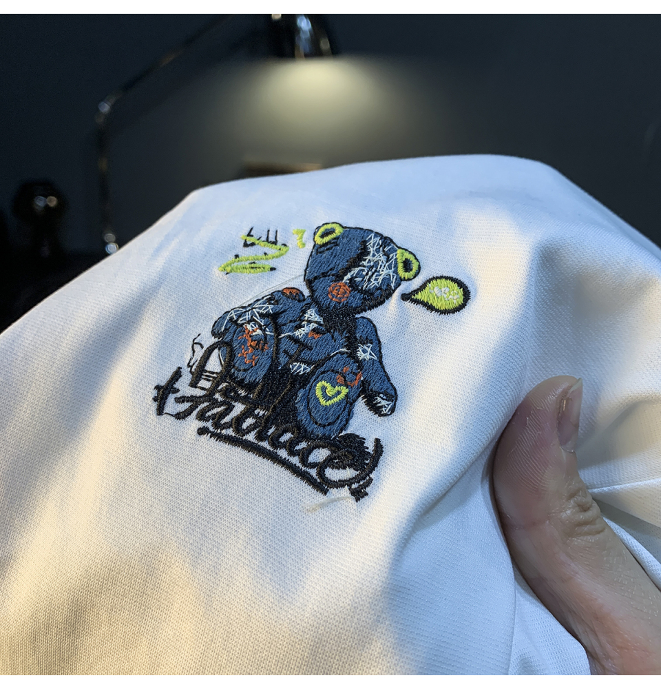 GorgeousBen  American trendy cartoon painted teddy bear embroidered short sleeved T-shirt for men's summer new trendy ins half sleeved round neck top.