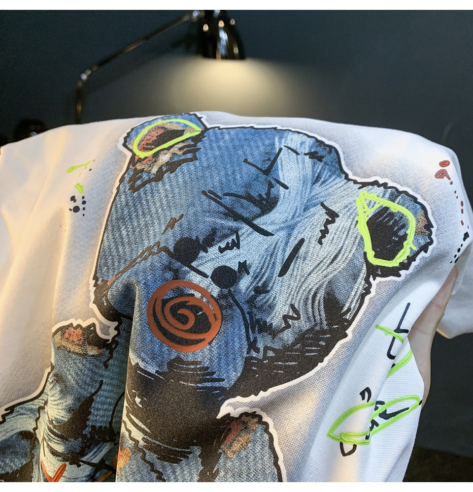 GorgeousBen  American trendy cartoon painted teddy bear embroidered short sleeved T-shirt for men's summer new trendy ins half sleeved round neck top.