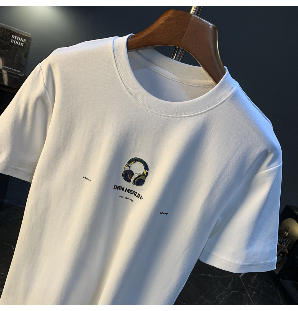 GorgeousBen Summer new short sleeved men's T-shirt loose white printed high-end half sleeved top embroidered hanging heavy weight T-shirt.
