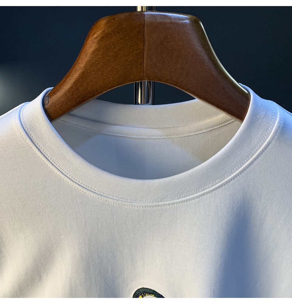 GorgeousBen Summer new short sleeved men's T-shirt loose white printed high-end half sleeved top embroidered hanging heavy weight T-shirt.