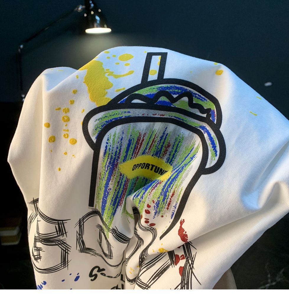 GorgeousBen Loose short sleeved T-shirt for men in summer, thin design, painted art printed T-shirt, trendy and versatile youth five quarter sleeved top.