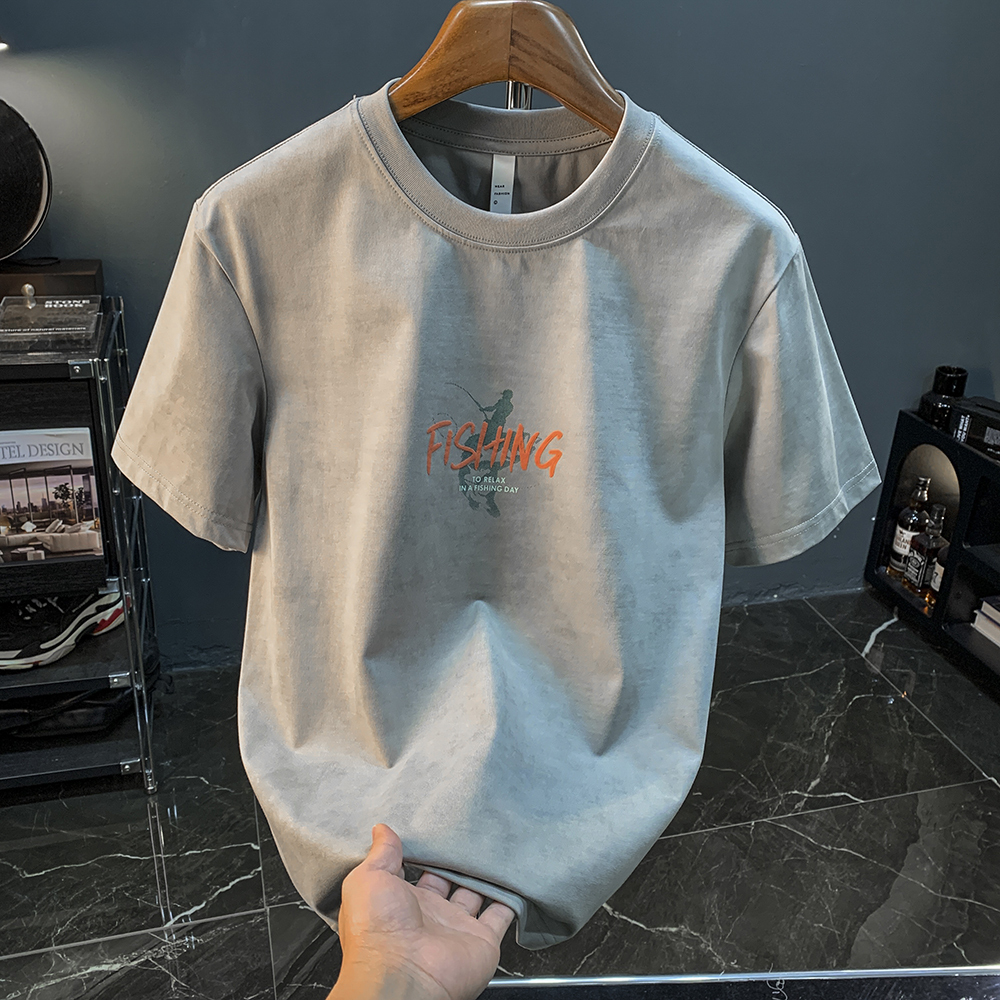 GorgeousBen Summer short sleeved T-shirt men's shoulder down round neck printed trendy casual T-shirt versatile heavyweight breathable design top.