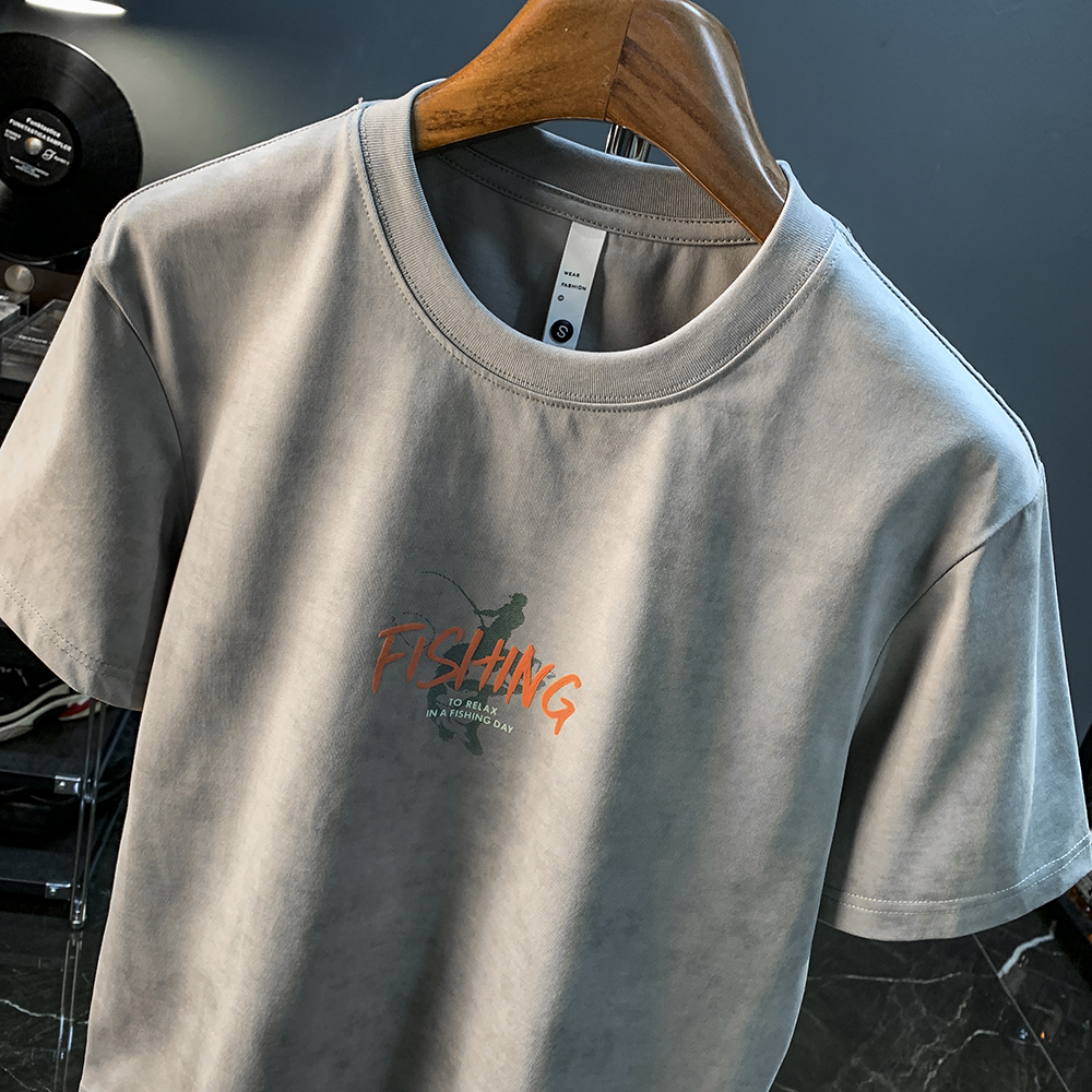 GorgeousBen Summer short sleeved T-shirt men's shoulder down round neck printed trendy casual T-shirt versatile heavyweight breathable design top.