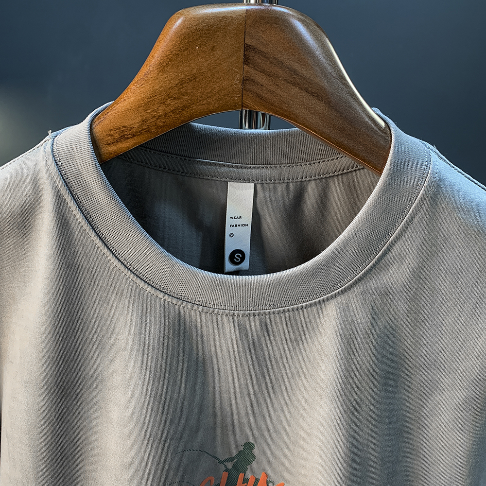GorgeousBen Summer short sleeved T-shirt men's shoulder down round neck printed trendy casual T-shirt versatile heavyweight breathable design top.
