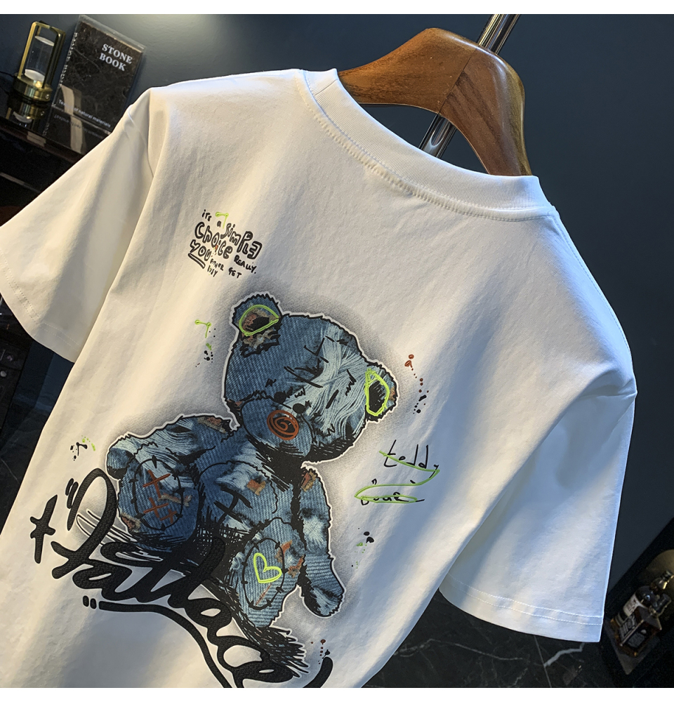 GorgeousBen  American trendy cartoon painted teddy bear embroidered short sleeved T-shirt for men's summer new trendy ins half sleeved round neck top.