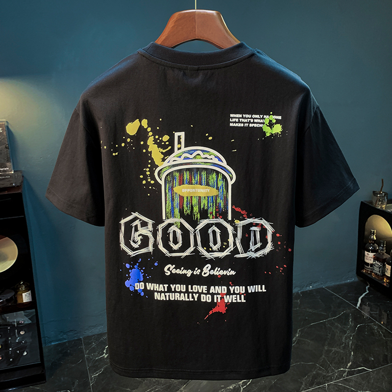 GorgeousBen Loose short sleeved T-shirt for men in summer, thin design, painted art printed T-shirt, trendy and versatile youth five quarter sleeved top.