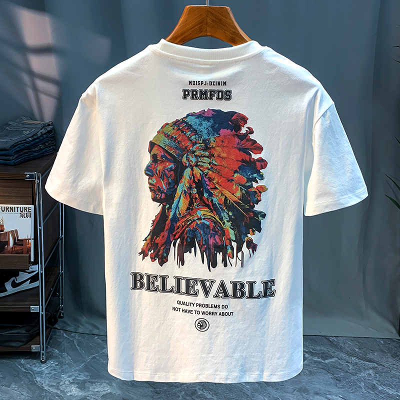 GorgeousBen American heavyweight T-shirt 2025 summer thin Indian print trendy short sleeved round neck versatile men's clothing.