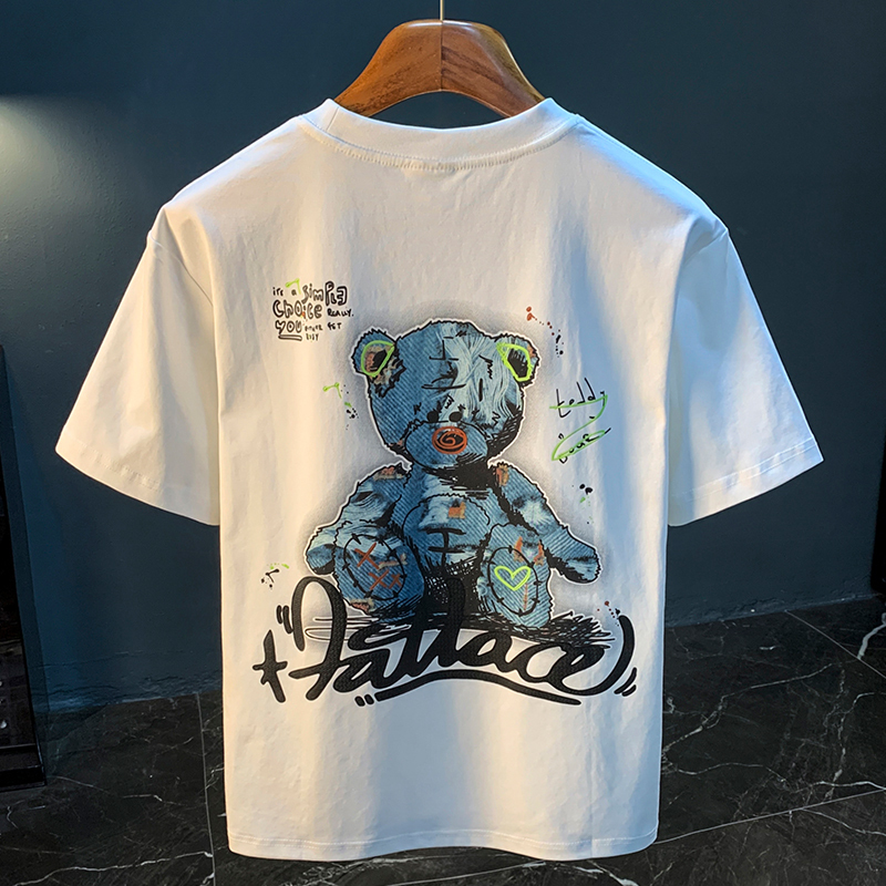 GorgeousBen  American trendy cartoon painted teddy bear embroidered short sleeved T-shirt for men's summer new trendy ins half sleeved round neck top.