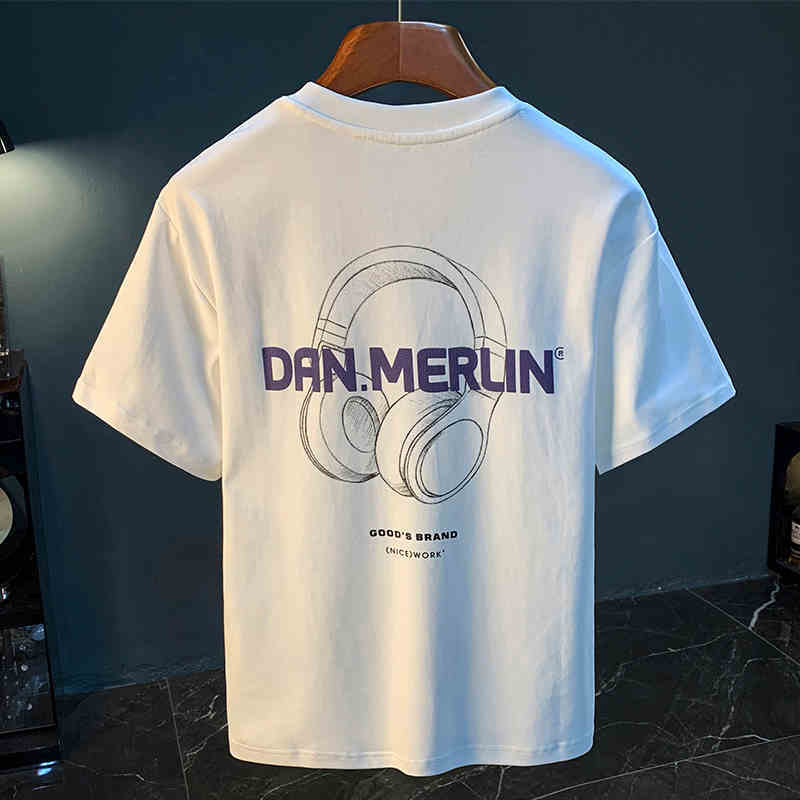 GorgeousBen Summer new short sleeved men's T-shirt loose white printed high-end half sleeved top embroidered hanging heavy weight T-shirt.