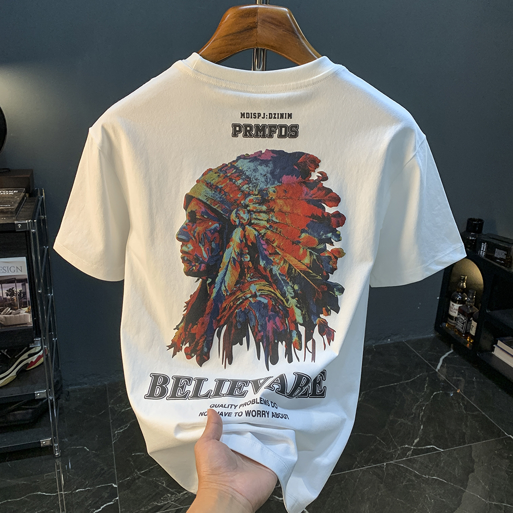 GorgeousBen American heavyweight short sleeved T-shirt for men, 2025 new summer high-end trend, Indian print versatile T-shirt.