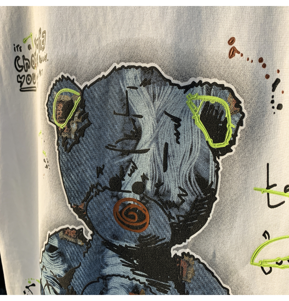 GorgeousBen  American trendy cartoon painted teddy bear embroidered short sleeved T-shirt for men's summer new trendy ins half sleeved round neck top.